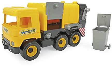 Wader Tigres_32123 Middle Truck Müllwagen mit Mülltonne und mehreren Klappen, ab 12 Monaten, ca. 43 cm, gelb, Einheitsgröße