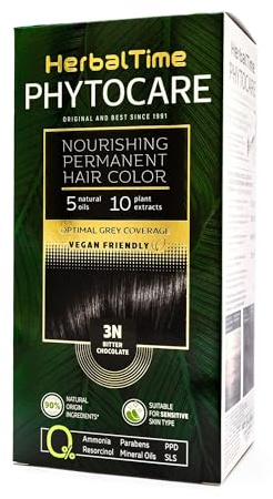 Herbal Time Phytocare Permanent Haarfärbung, Farbe Dunkles Schokoladen-Schwarz 3N | Professionelles Naturhaarfarbe Kit | Pflegt und schützt dein Haar | Ohne Ammoniak, PPD und SLS | 124,5 ml
