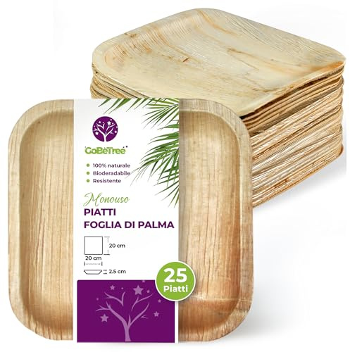 GoBeTree 25 Platos Desechables Hoja de Palma Cuadrados 20 cm Mesa. Platos Desechables Elegantes para Mesa, Segundo Plato y Catering, Set Cuadrado Llano con Hoja Resistente