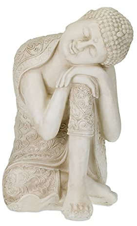 Relaxdays XXL Buddha Figur, ruhender Gartenbuddha, HBT 61 x 40,5 x 38 cm, wetterfest, frostsicher, Dekobuddha, cremeweiß