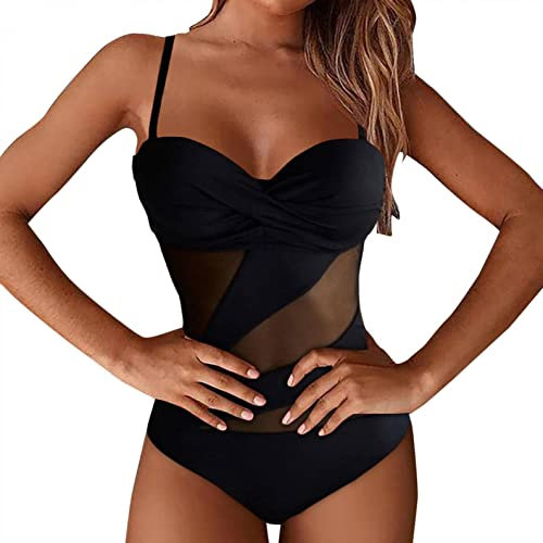DELAIESI Badeanzug Damen Bauchweg Einteiliger,Badeanzug Figurformend Einteilig XS Push Up Mollige Mode Burkini Aquafitness für Ausgefallen, Schwarz, XL