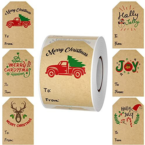 Nestcode 300PCS Christmas Tag Stickers, 2 * 3 Inch Labels in 6 Classic Designs, Kraft Paper, Brown, Uncoated, Rectangular, Holiday Decorative Gifts