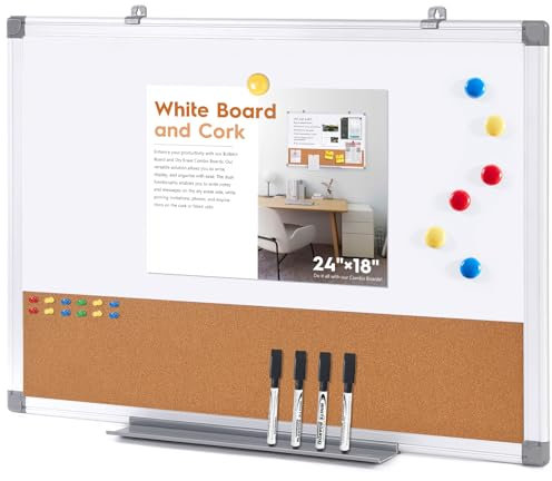 Cork Board and Dry Erase Board Combo Bulletin Board Combination WhiteBoard Calendar Pin Notice Board for Home Office School with 4 Dry Erase Marker+6 Magnets+12 Pushpins, 60x45cm
