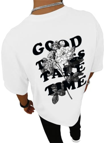 Tomwell Oversized Tshirt Herren Rundhals Kurzarm Lose Sommer Oberteile Mode T-Shirt mit Backprint Vintage Drucken Streetwear Sport Casual Lang Tops A Weiß L
