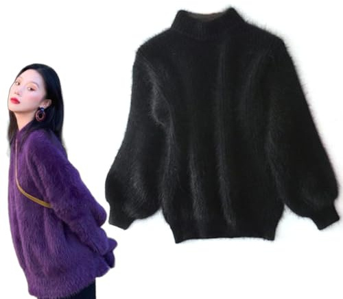 HUANZHI Lady Winter Angora Cashmere Blend Pull Chaud en Vrac, Pull en Peluche Pelucheux et Moelleux, Pull en Tricot à col Ras du Cou de Couleur Unie pour Femmes (Noir,Taille Unique)