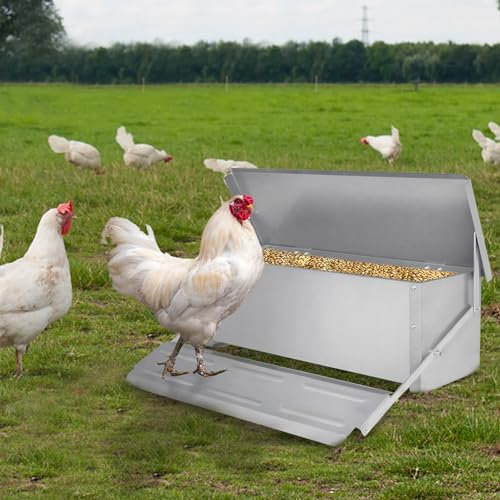 YUENFONG 10kg Hühner Futterautomat Automatischer Futterspender Feeder Hühnerfutterautomat mit Deckel, Wetterfester futtertrog aus Verzinkter, für Geflügel Enten Hühner