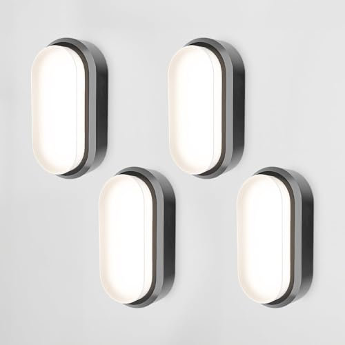 HOFTRONIC 4er Set - C-Series LED Kellerlampe Schwarz - 12W 1160lm Wandleuchte Oval - IP54 LED Feuchtraumleuchte - 4000K Neutralweiß - Wandlampe Deckenlampe für Treppe Flur Keller WC Garage