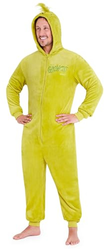 Grinchen herrpyjamas i ett stycke med fleece-huva mysiga hemmakläder – present till män, gRÖN, S