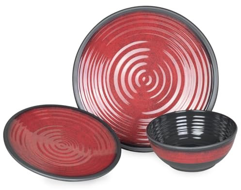 Camping Geschirr Set 1 Person 3-teilig | Melamin | Picknick Geschirrset | Campinggeschirr Stone Red Design