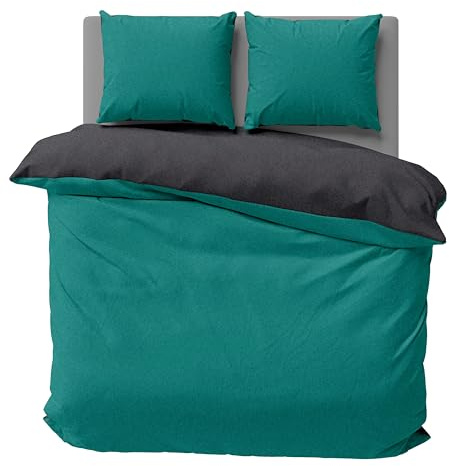 one-home Winter Bettwäsche Doubleface Uni Wende kuschelig flauschig warm weich Fleece, Größe:3 teilig 200x200 cm, Farbe:Petrol/anthrazit