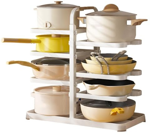 Organizer regolabile a 8 ripiani per pentole e padelle da cucina, resistente, per armadietti ad angolo e pavimento