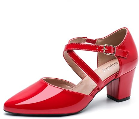 Women's Pointed Toe Pumps, Cross-Strap, Block Heel Dress Shoes Patent Red 40 - US 8