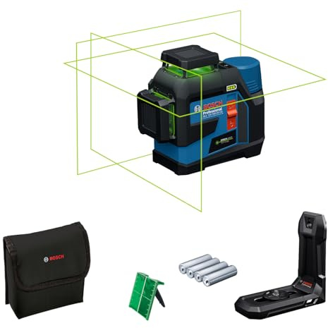 Bosch Professional line Laser GLL 12V-100-33 CG (3 x 360° Green Laser, Working Range 100 m (Radius) with Receiver, Levelling Remote app, IP 65, LB 10, 4 x 1,5V LR6 (AA), AA1 Adapter, Pouch)