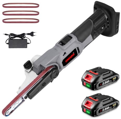 ONEVAN Ponceuse à bande sans fil, lime electrique à batterie avec 2 batteries 2000 mAh, 6 vitesses, réglable à 35°, ponceuse a bande électrique avec 3 bandes abrasives pour bois, petite surface