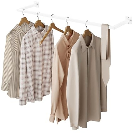eSituro Perchero Pared, Riel Ropa Colgante, Barra Perchero Colgador, Tubo Metálico Rectángulo para Ropa, Estilo Industrial, para Pasill,o Cocina, Salón, Baño, 114 cm, Blanco