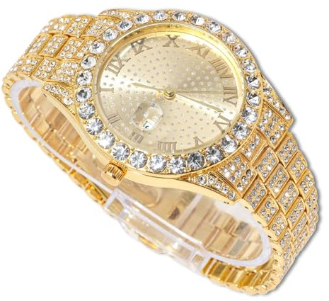 richhut Diamantklocka för män killar isad rund urtavla 18 mm brett armband 18 k äkta guld/vitt guld platinapläterad, med kubansk länkkedja set valfritt, present för pojkvän make, Endast guldklocka