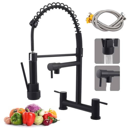 Kitchen Taps Mixer, Sink Mixer Taps 2 Hole Dual Lever, 360° Swivel Alloy Faucet with 2 Spray Modes, Corrosion-Resistant Ceramic Valve, Easy Install 2-Hole Deck Mounted (UK 180mm Centre) (Black)