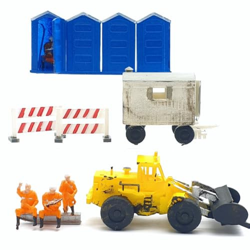Iberplace H0 Figurer byggarbetsplatser och tillbehör, superset, konstruktion nr 3 (1:87): Byggarbetarminiatyrer, byggarbetsplatsbarriärer, sanitära block, byggvagn och grävmaskin – harts 3D-tryck