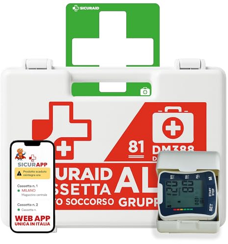 SICURAID Cassetta Pronto Soccorso Aziende più 3 Dipendenti -Cassetta Pronto Soccorso Allegato 1 Gruppo A-B Completa con Cartello e Web App SicurApp (Allegato 1 Gruppo A B Con MIS. DIGITALE DA POLSO)