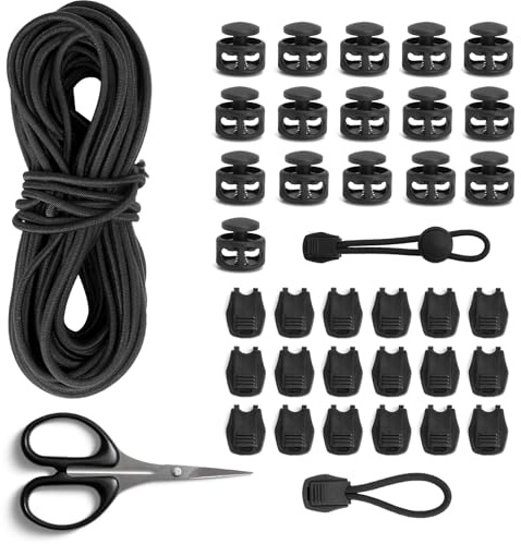 LOLANIUT Corda Elastica in Gomma 10m x 3mm, Cordoncino elastico in gomma con 20 Fermacorda a 2 Fori, 20 Chiusure in Plastica per Zaini, Lacci, Biancheria e DIY
