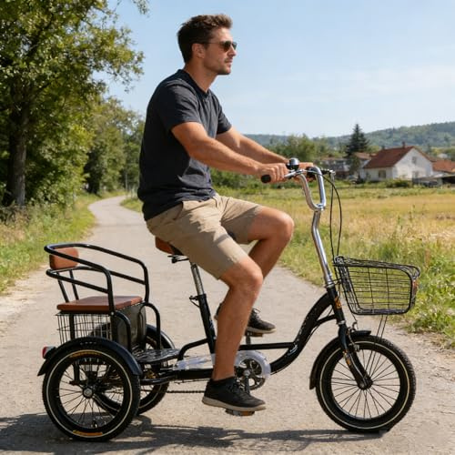 16-Tums Vuxen Trehjuling Med Baksäte Och Korg, 3-Hjuliga Cyklar, Trehjulingar Med En Pedal, Genomgående Ram I Högkolstål, Lasttrehjuling För Seniorer Kvinnor Och Män Black