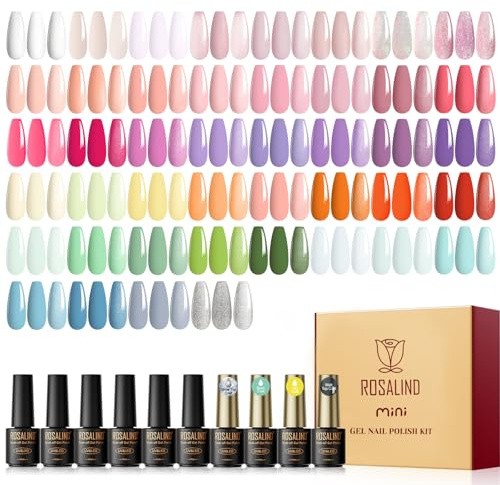 ROSALIND Smalto Semipermanente Unghie, 48 Pezzi Smalti Semipermanenti per Unghie Rosa Nude Viola Arancione Verde Blu, Soak Off Mini UV/LED Smalto Gel Unghie Primavera e Estate Manicure Regalo