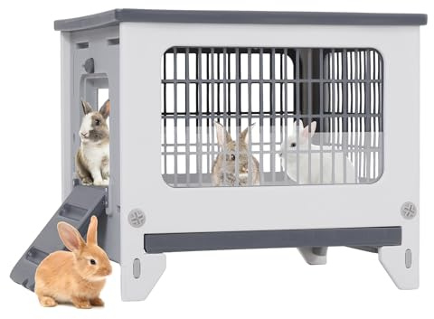 Conejera de plástico para conejos con cercado libre, ruedas, techo abierto, bandeja extensible, rejilla de metal, resistente al invierno, conejera para interior y exterior
