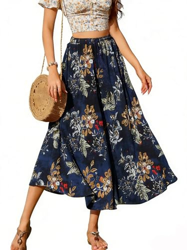 Koerye Gonna Lunga Donna Estive Maxi Gonna a A-Linea retrò Elegante Vita Alta Maxi Gonne con Coulisse Vita Elastica Boho Gonne Blu Navy Floreale,L