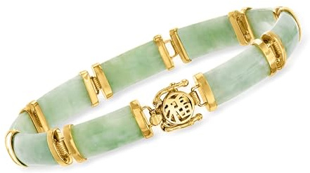 Ross-Simons Jade Good Fortune Bracelet in 18kt Gold Over Sterling, Elegant Bracelet for Women, Silver Jewelry, Christmas, Birthday Gift, 7.5