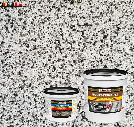 Isolbau - Buntsteinputz für Außen und Innen (Weiß, Grau, Schwarz) 25 kg - BP10 Mosaikputz Dekorationsputz Frostsicher, Wasserfest, Stoßfest - mit Quarzgrund 4 kg