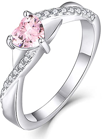 YL Anillo de Compromiso Corazón Plata de Ley 925 con Octubre Piedras de Nacimiento de Circonita Rosa Peridoto Solitario Infinito Anillo de Boda para Mujer Novia(Tamaño15)
