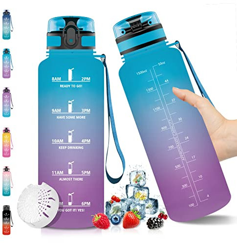 Vikaster Fitness Trinkflasche, Trinkflasche 1,5L, Trinkflaschen Kohlensäure Geeignet, Wasserflasche mit Zeitmarkierungen & Filter, Große Sportflasche für Outdoor, Camping, Fitnessstudio, Gym