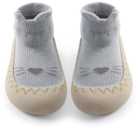 Exemaba Toddler Sock Shoes - Baby First Walking Shoes Soft Sole with Grips for Girls (Blue Cat, Tag21/6-12 M)