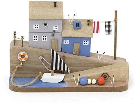 Carousel Home Seashore Coastal Cottages Nautical Ornament | Harbour Houses Nautical Decoration Beach Decor | Wooden Houses & Boat Seaside Decoration