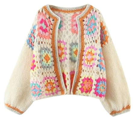 Dninmim Cardigan à manches longues en tricot court pour femme avec crochet creux, beige, Taille Unique