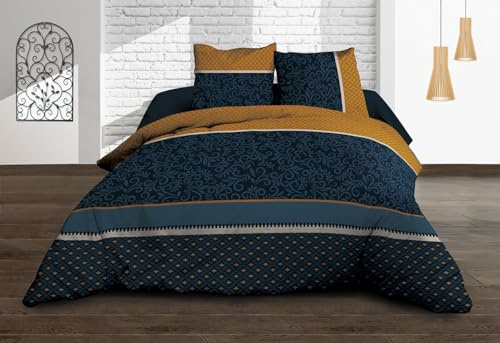 Le Linge de Jules Parure Drap Plat + Drap-Housse 160x200 + 2 T - Pur Coton 57 Fils - Alix, Bleu, Moutarde