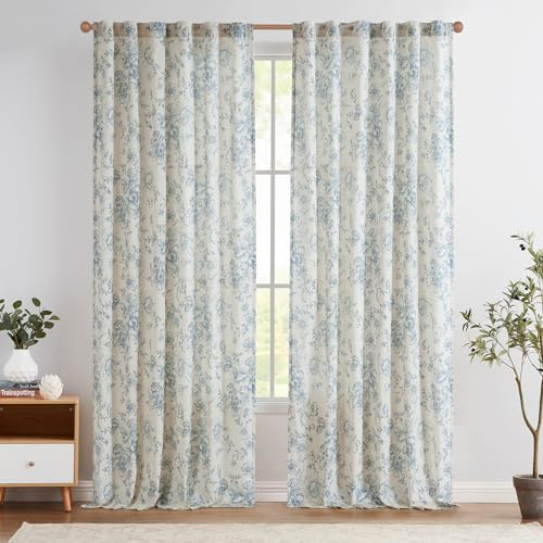 TOPICK Tende in lino con passanti nascosti, traslucide, per soggiorno, camera da letto, finestra, set da 2 pezzi, 140 x 210 H (cm), blu su beige