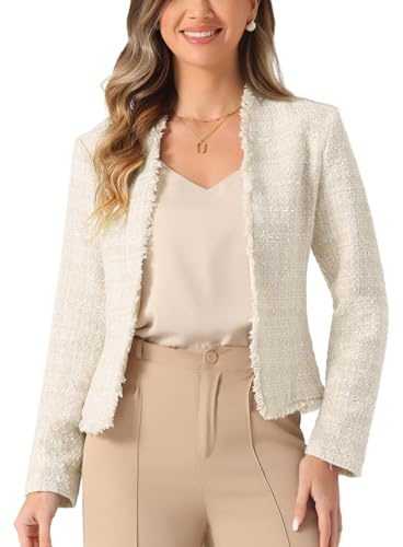Allegra K Mujer Blazer Chaqueta Tweed Cuadros Manga Larga Abierto Delante