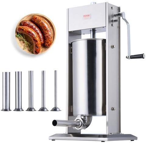 VEVOR Insaccatrice Manuale per Salsicce15 L Macchina per Salsicce Verticale a Doppia Velocità, Realizzata in Acciaio Inossidabile 304 per Uso Alimentare, Include 5 Tubi Insacco, per Cucina Domestica