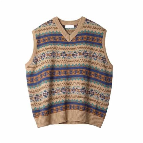 Mens V-Neck Wool Sleeveless Sweater Vest,Classic Autumn Winter Warm Knitted Gilet Slipover Waist Coat Sweater Tank Tops Pullover V Neck Collision Color Sweater Vest (Khaki, L)