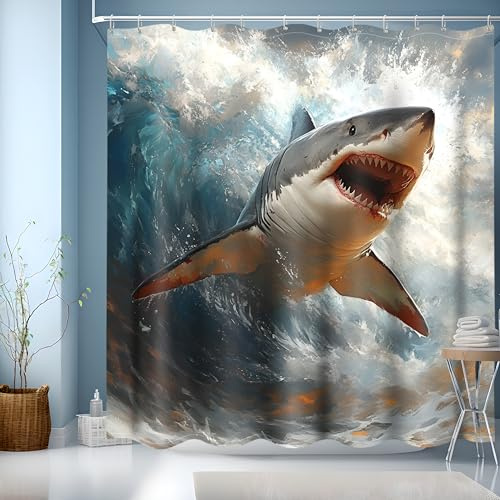 JINGYOU Tenda Doccia 180x200,Tende da Doccia,Tenda per Doccia Impermeabile Tende per Vasca da Bagno Motivo Squalo con Ganci Tendina Doccia Con 12 Anelli