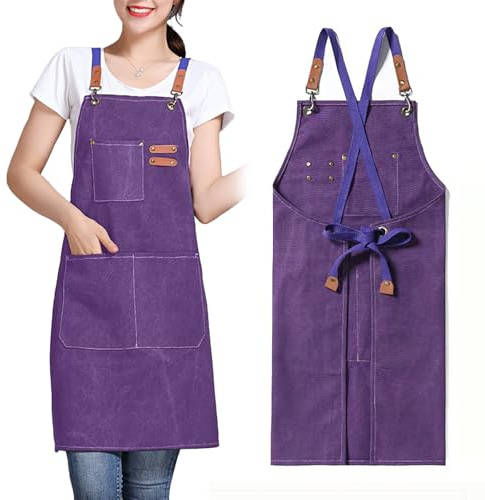 GHKLNY Delantal unisex con grandes bolsillos, en tela de algodón con tiras cruzadas, delantal de trabajo ajustable, talla infantil a adulto, morado, Talla única