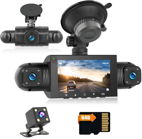 Hikity DVR 1080P Dashcam für Android Autoradio Wasserdicht Mini 3 inch Four Autokamera Auto Recorder Nachtsicht Dash Kamera Loop-Aufnahme mit G-Sensor Videorecorder 360 ° Weitwinkel mit 64G TF Karte