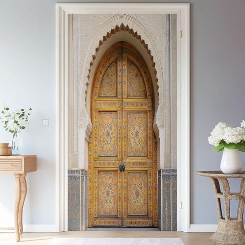 Adhesivo Mural Para Puerta, Tradicional Ornamentado Puerta De Madera Pegatinas Impermeables De Pvc Autoadhesivas, Amarillo Crema Póster Decoración De Pared Baño Puertas Sala De Estar, 77 x 200 cm