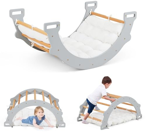 COSTWAY Arco da Arrampicata per Bambini, 2 in 1 Altalena ad Arco in Legno con Cuscino Morbido e Doppia Faccia, Ideale per Bambini 1+ Anni (Grigio)