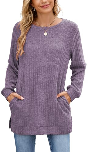 Famulily Women's Knit Jumpers Long Sleeve Tops Dressy Round Neck Ribbed Pullover Sweaters Loose Side Splits with Pockets