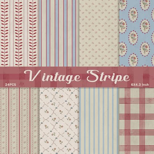 Scrapbook Paper,24 Sheets 4.1x5.8 Inch Vintage Stripe Style Scrapbook Supplies,Single-Sided Vivid Origami Decoupage Paper for DIY Crafts, Card Making, Art Journaling (Vintage Stripe)