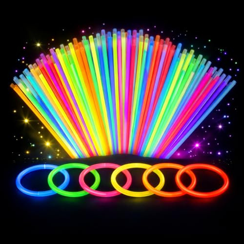 UKIUAN 200 barras Luminosas, Pulseras y collares luminosos Fluorescentes para Fiestas, glow, Colores Neón Variados, 200 sticks y 200 conectores, fiesta, cumpleaños, celebraciones