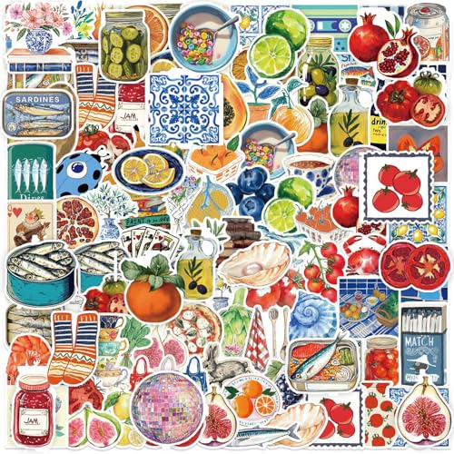 XETHI 100 Stickers Cartoon Färgglada | Vattentät Vinyl Medelhavs | Livlig Frukt & Skaldjur Design | Scrapbook Tillbehör för Vuxna Journaling