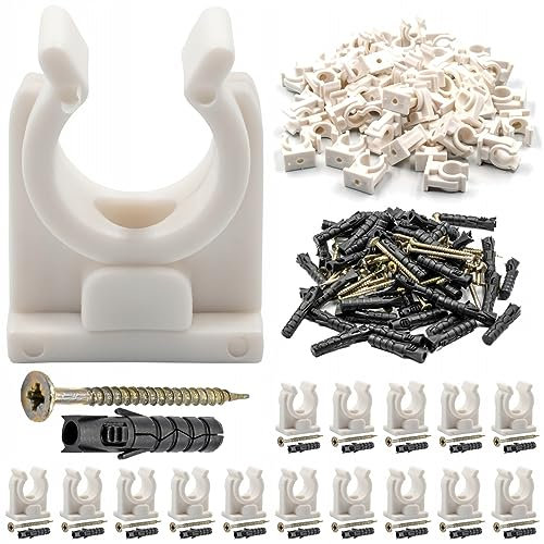Rohrklemme 16-18 mm 50 Stück Set - Klemmschellen aus Kunststoff inkl. Schrauben - Klemmschelle für Aluminium-, Kupfer- oder ALU-Verbundrohre - Rohrclips für Wand-, Boden- und Deckenmontage, Weiß
